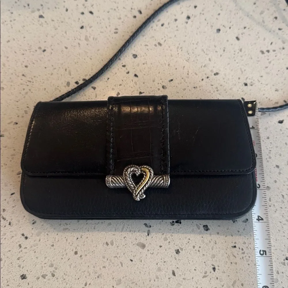 Brighton Y2K black leather crossbody Clutch silver and gold filigree heart snap
